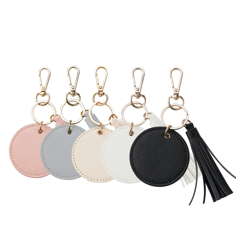 Personalized logo round leather keychain with tassel