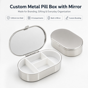 Oval Metal Pill Box with HD Mirror 4 Compartments ABS Insert Bright Nickel Plated Travel Pill <b>Case</b> Small Jewelry Organizer Bulk - Product Image 1