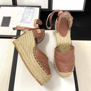 Chaussures de créateur pour femmes, <span class=keywords><strong>espadrilles</strong></span> <span class=keywords><strong>compensées</strong></span> en tricot avec lanières de cheville, chaussures à talons hauts en paille tressée - Product Image 4
