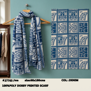 Blue <b>White</b> Floral Geometric Dobby Printed Poly Scarf Shawl Tassel Edge Lightweight <b>Wrap</b> for Travel Gift - Product Image 3