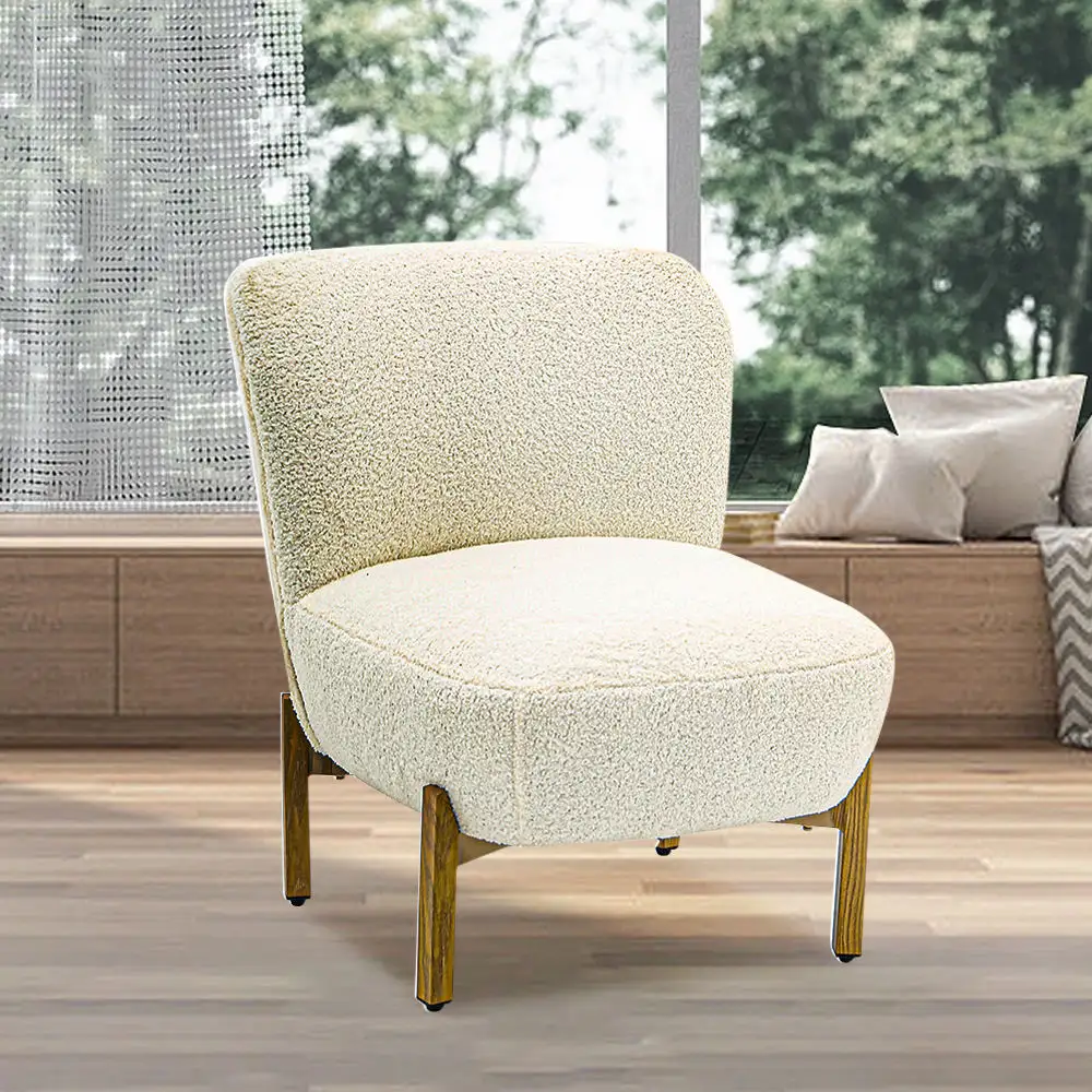 Silla decorativa contemporánea, silla lateral para sala de estar, tela de peluche, silla individual blanca beige con patas de madera