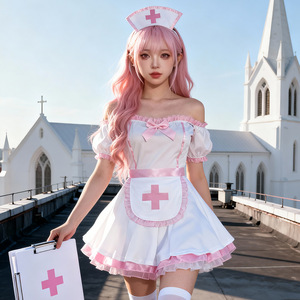 Ensemble de robe de demoiselle d'honneur Lolita, tenue de cosplay pour femmes, rose et blanc, avec tablier et chapeau - Product Image 3