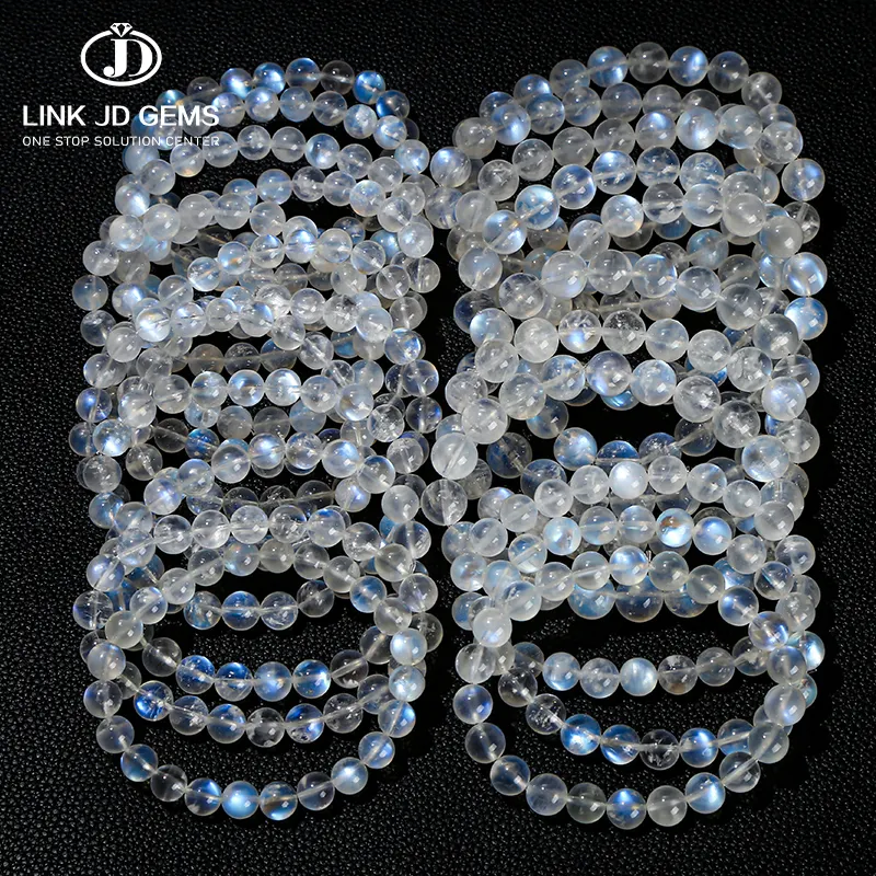 JD 6/8/10mm Rodada Contas Estiramento Corda Pulseira 5A 7A Pedra Natural Beads Azul Moonstone Handmade Pulseira Para Presente Da Jóia