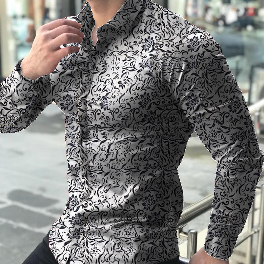 Custom Summer Men's Flower Shirts Muscle Men's Style Plus Size Stand Collar Long Sleeve Printed Shirts