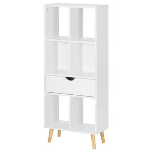 Bookcase Office Storage Shelf Standing Shelf with Drawer and 6 Compartments, Chipboard and Pine Wood Material