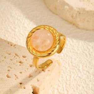 Ladies Retro Style Stainless Steel Gold Twill Round Lapis Lazuli <b>Open</b> <b>Ring</b> Trendy Niche Design - Product Image 3