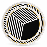 Service de table en porcelaine fine rayé noir et blanc personnalisé, avec bordure dorée géométrique, assiettes, bols et tasses en céramique
