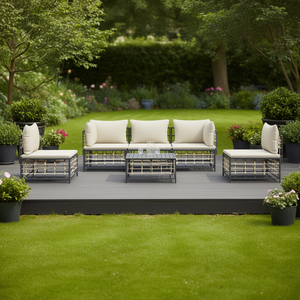 Ensemble de salon de jardin anthracite beige 6 places, structure métallique, rotin, mobilier d'extérieur, design contemporain - Product Image 2
