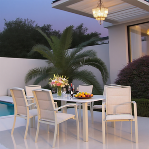 Ensemble de salle <span class=keywords><strong>à</strong></span> manger d'extérieur <span class=keywords><strong>7</strong></span> pièces ensemble de meubles de patio extérieur en acier avec 6 sièges Texteline <span class=keywords><strong>Table</strong></span> en verre pour fête événement-Beige - Product Image 1