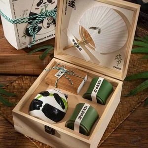 Panda Theme Wooden Tea <b>Box</b> Paulownia Handmade <b>Gift</b> Packaging Rectangle Shape For Chinese Style Tea Set - Product Image 1