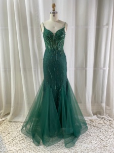 <span class=keywords><strong>Vestido</strong></span> de Noche de Lujo <span class=keywords><strong>Verde</strong></span> Esmeralda con Cuello en V Estilo Sirena, con Cuentas de Cristal, Largo hasta el Suelo, para Banquete Formal o Fiesta - Product Image 4