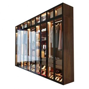 Armoires de chambre à coucher modernes sur mesure, portes en verre, armoires en bois avec éclairage LED - Product Image 1