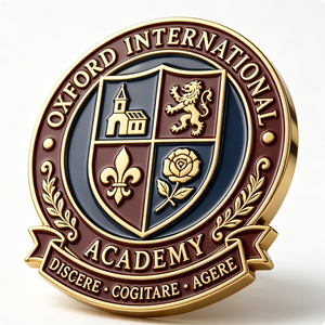 Insignia circular de aleación de zinc chapada en oro de la Academia Internacional de Oxford, con esmalte duro y grabado, artículo coleccionable. - Product Image 6