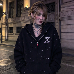 Felpa con Cappuccio e Zip Personalizzata da <span class=keywords><strong>Donna</strong></span>, Nera con Strass, Alta Qualità, Lavorazione a Maglia, Effetto Acid Wash, Invernale, Casual Streetwear - Product Image 2