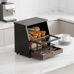 Boîte à pain en bois, support de rangement pour comptoir de cuisine, extra-large, noir, grande capacité, finition lisse, style américain, pour aliments - Product Image 1