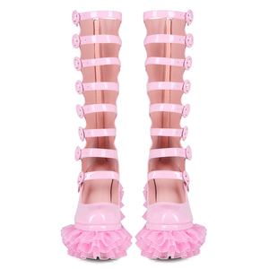 Summer Cut Out Knee High <b>Boots</b> Women Buckles Thick Lace Platform Chunky Heels Back Zipper Patent Long Booties Big Size 47 Shoes - Product Image 3