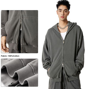 Logo personnalisé coton vierge de haute qualité 370 Gsm lavage poids lourd surdimensionné hommes Boxy Double fermeture éclair à capuche - Product Image 3