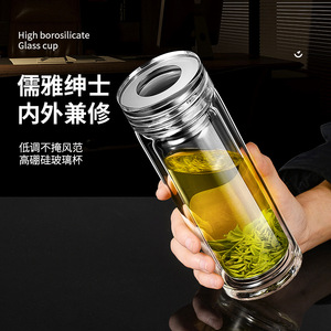 <b>Double</b> <b>Walled</b> Glass Cup High Borosilicate Heat Resistant Insulated Tea Cup For Travel With Lid Large Capacity Portable - Product Image 1