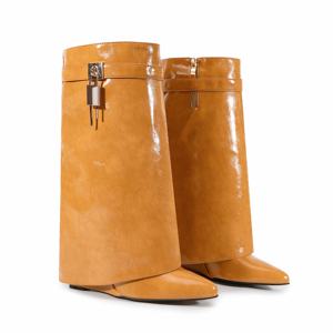 Célèbre marque Designer requin bottes Style occidental doux PU genou haut talon serrure grande taille pour les femmes automne saison - Product Image 3