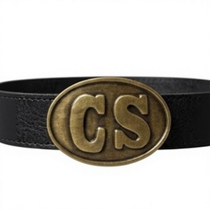 Boucle de ceinture ovale style vintage CS avec large sangle en cuir noir, accessoire métallique durable pour un usage décontracté ou historique - Product Image 1