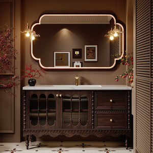 Luxury Black French Vanity with Arched LED <b>Mirror</b> Vintage Carved Details - Handcrafted Solid Wood Bathroom Cabinet - Product Image 2