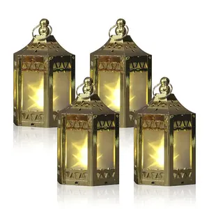 Venta al por mayor luz de té de plástico de Navidad colgante mini oro marroquí Ramadán linterna con parpadeo LED vela decoraciones de boda
