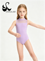 Justaucorps de ballet sans manches en maille lavande clair à col montant pour filles, idéal pour l'entraînement de gymnastique et de danse pour enfants