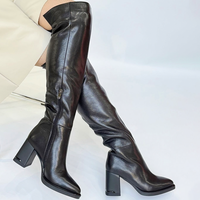 Bottes élégantes en cuir véritable noir à bout pointu et talon épais, hauteur genou, avec fermeture éclair latérale, doublure en peluche, antidérapantes et rehaussantes