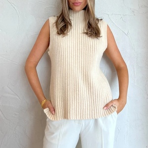 Fabricant de tricots personnalisé <span class=keywords><strong>blanc</strong></span> col roulé sans manches tricot côtelé laine mérinos <span class=keywords><strong>alpaga</strong></span> femmes <span class=keywords><strong>pull</strong></span>-over - Product Image 1