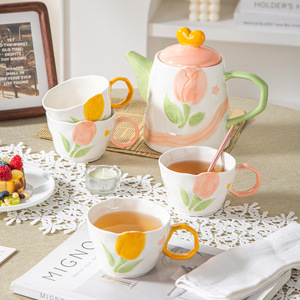 Housewarming Gift Ceramic Tea <b>Set</b> Cute Tulip <b>Teapot</b> and Cup <b>Set</b> Afternoon Tea Pot <b>Set</b> for Women - Product Image 2