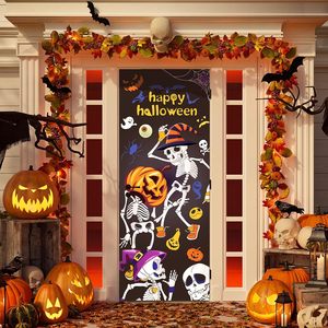 Bannière de porte Joyeux Halloween avec squelettes dansants amusants, citrouilles, fantômes et éléments effrayants – Housse de porte décorative pour fête, personnalisable - Product Image 1