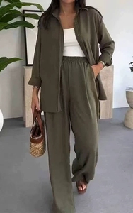 Produttori <span class=keywords><strong>di</strong></span> <span class=keywords><strong>Abbigliamento</strong></span> all'<span class=keywords><strong>Ingrosso</strong></span>, Set da <span class=keywords><strong>Donna</strong></span> alla Moda, Nuovo Stile Due Pezzi, Camicetta e Pantaloni, Motivo Tinta Unita, Lunghezza alla Caviglia - Product Image 2