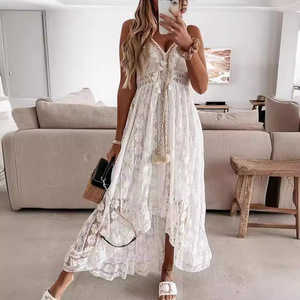 Nuova estate europea americana in pizzo <span class=keywords><strong>con</strong></span> grande Swing abito in Chiffon lungo fino al pavimento di colore puro <span class=keywords><strong>con</strong></span> Logo stile Casual sul <span class=keywords><strong>davanti</strong></span> - Product Image 4