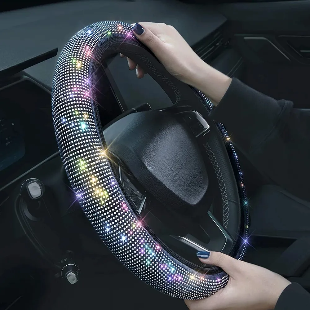 Penutup Roda Kemudi Mobil dengan Kristal Berlian Berkilau Pelindung Roda Kemudi Mobil Kendaraan Dekorasi Otomatis Serat Karbon