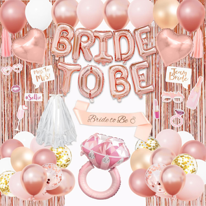 Set Decorazioni per Addio al Nubilato Oro Rosa: Anello in Foil 'Bride', Fascia 'Future Bride', Velo, Palloncini a Cuore, Frange e Nappe di Carta - Product Image 1
