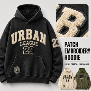 Sweat-shirt à capuche en molleton délavé vintage avec broderie de patchs et appliques de lettres en chenille, style streetwear - Product Image 1