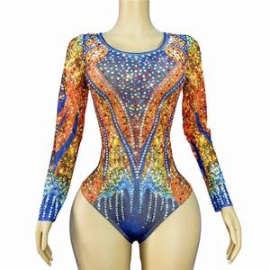 Costume de danse du Xinjiang sexy et scintillant, combinaison en maille ornée de strass colorés, pour spectacle de danse du ventre, défilé de mode, soirée en boîte de nuit, chanteuse, danseuse - Product Image 6