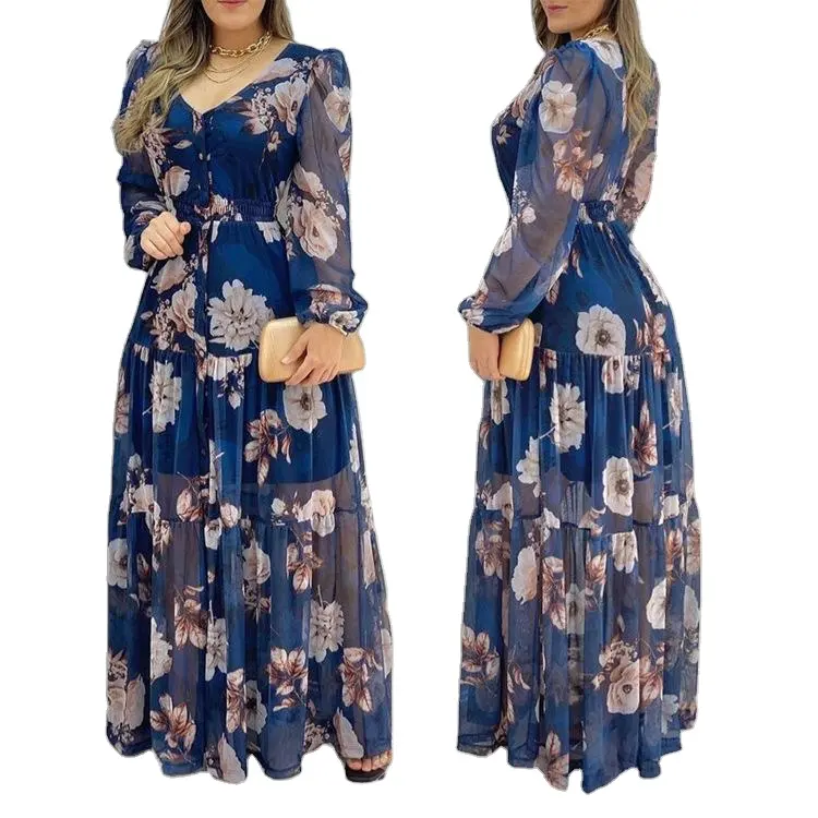 Atacado Personalizado Chiffon Floral Vestido Casual V Neck Mesh Imprimir Maxi Vestidos Mulheres Elegante Vestido Longo