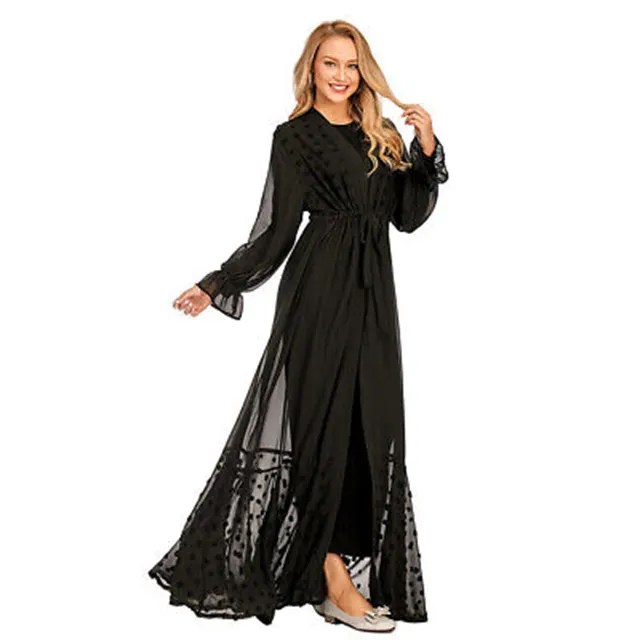 Plus Size Chiffon Bell Sleeves Dubai Abaya Kaftan Maxi Dress Long Robe Muslim Women's Kimono Open Cardigan Caftan Fabric