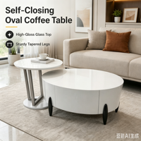 Table basse compacte de salon avec plateau en verre trempé, deux pièces séparées, tiroir coulissant silencieux ovale blanc brillant, fournie par OEM