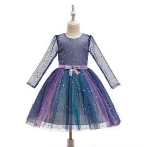 Elegante Vestido Formal de Manga Larga con Tul Azul y Pequeñas Flores para Niña, Ideal para Bodas y Fiestas - Product Image 3