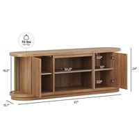 Meuble TV en bois naturel de style Japandi moderne, console multimédia à lattes cannelées, meuble TV en bois à bords incurvés, centre de divertissement de style Mid-Century