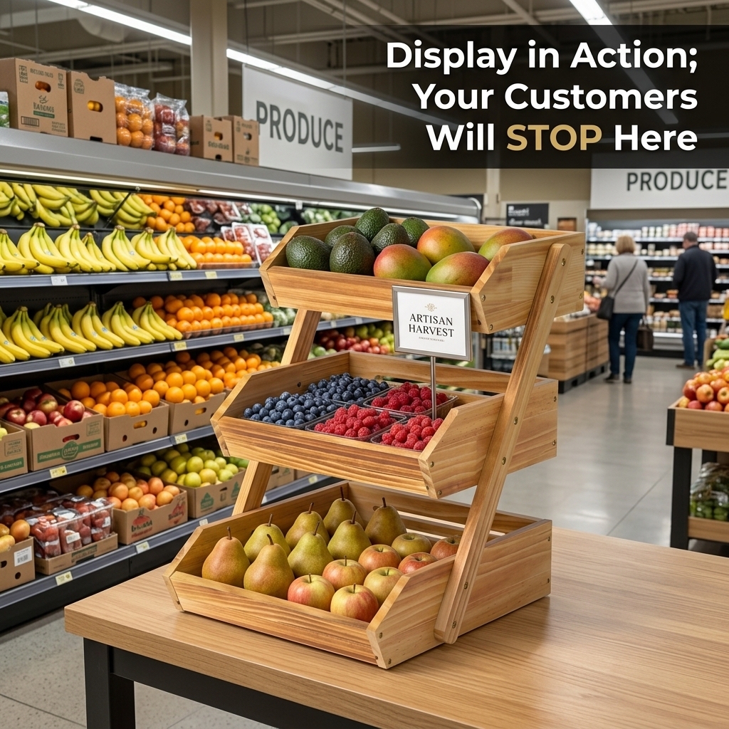 Wooden Fruit Vegetable Display Stand Produce Rack Farm Stand Organic Market Grocery Bakery Basket 3 Tier Countertop POS Logo FSC — view 2