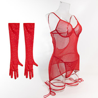 Ensemble de lingerie de nuit 3 pièces scintillant et séduisant avec strass, gants en résille et attaches pour les jambes