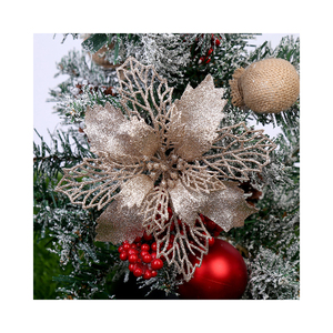 Flores de Pascua con purpurina dorada, adorno para árbol de Navidad, flores artificiales con clips, tallos, adornos navideños - Product Image 3