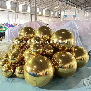 Balão inflável de cloreto de polivinila para decoração de grandes eventos, bola de espelho inflável com flutuadores dourados e prateados para festas de casamento