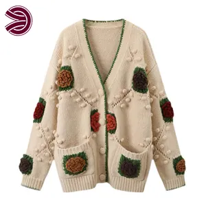 Custom Trend Pattern Graphic Autumn Winter Flower Garment Women Embroidered Cardigan Sweater Crochet Knitwear Clothing