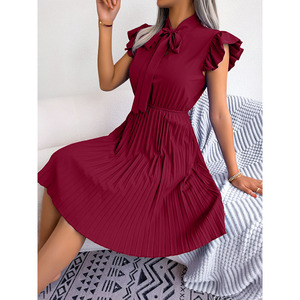 RNSHANGER nuevas mujeres Primavera Verano elegante encaje hasta cintura alta vestido de pliegue grande <span class=keywords><strong>para</strong></span> damas cuello de lazo <span class=keywords><strong>vestidos</strong></span> plisados de Color sólido - Product Image 4