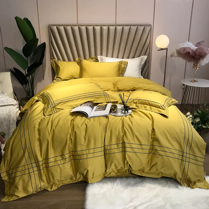 wholesale plain color simple bedroom comforter sets home yellow and green 100% cotton quilt cover bedding sets