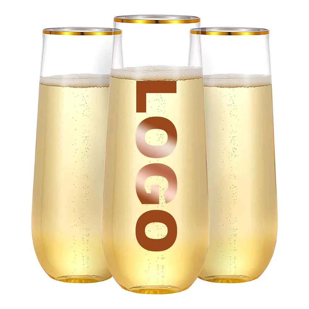9oz מחוסמת זהב רים חד פעמי פלסטיק יין משקפיים stemless פלסטיק שמפניה חליל למסיבות